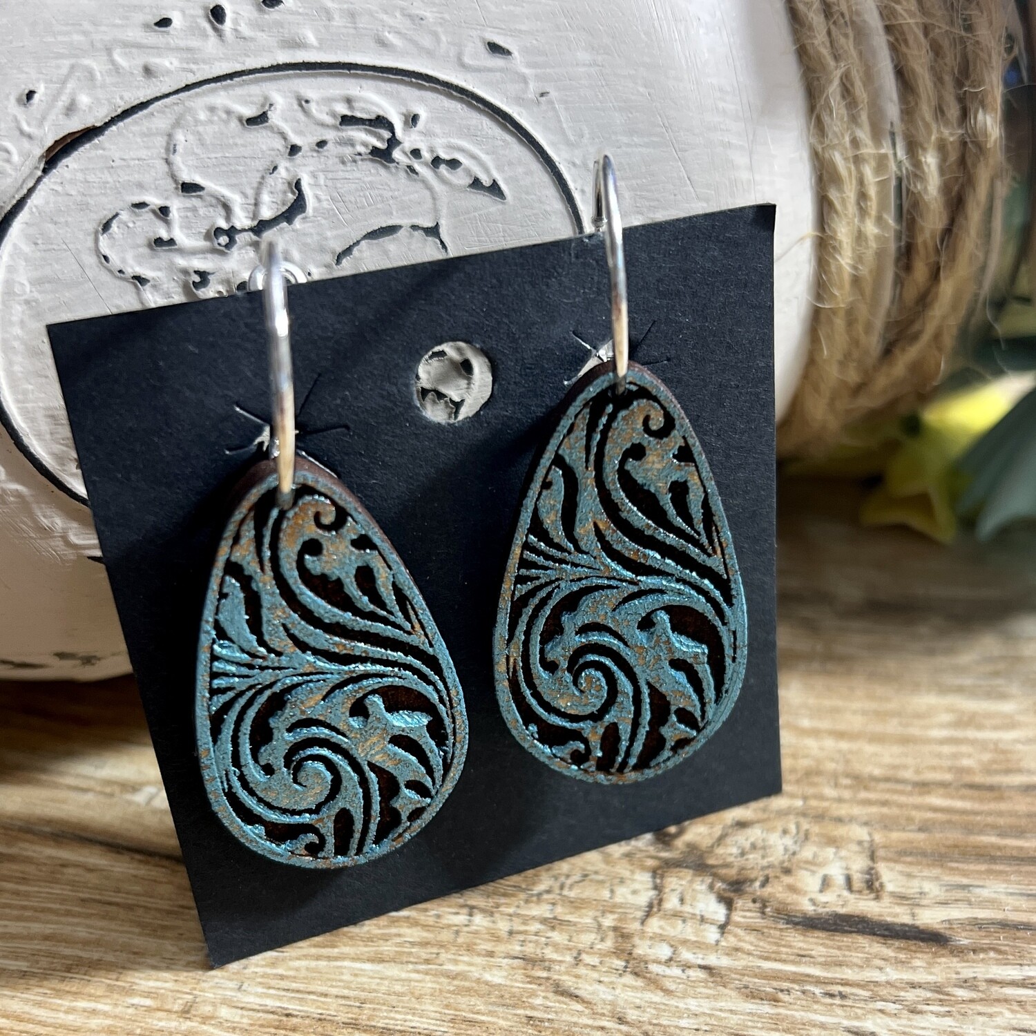 Wood Turquoise Engraved Earrings
