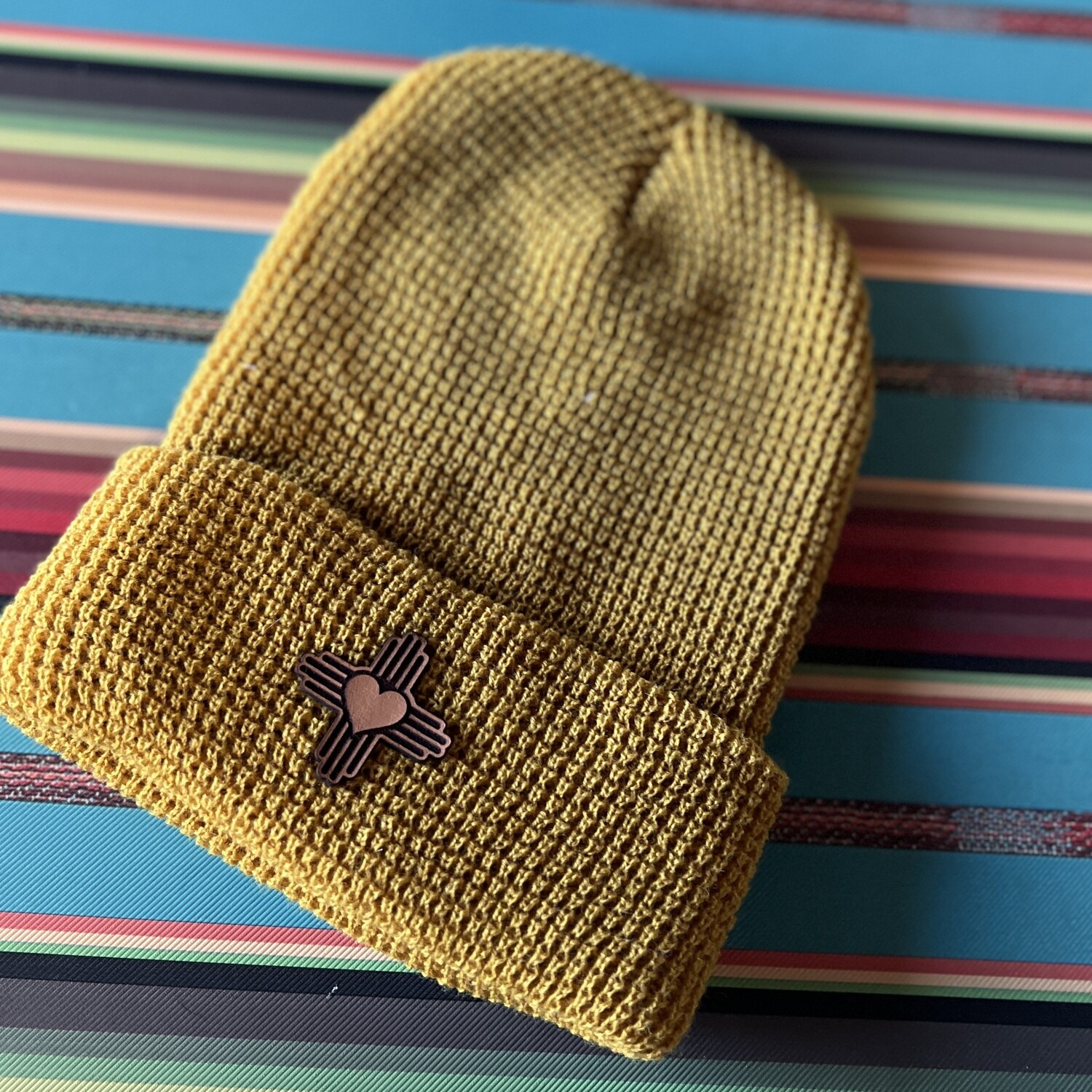 Mustard Waffle Beanie With Leather Zia Heart Patch
