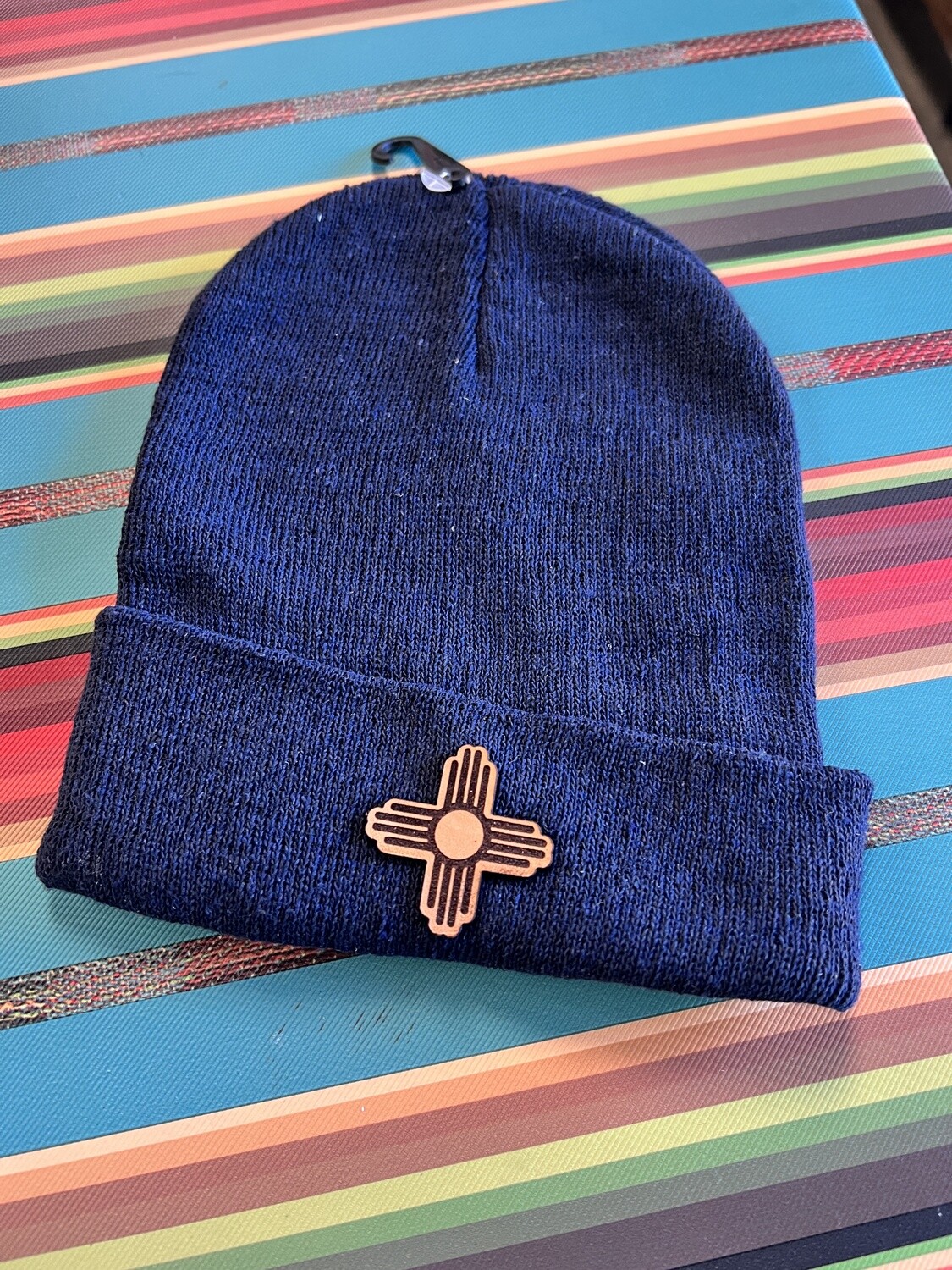 Navy Beanie With Leather Zia Patch