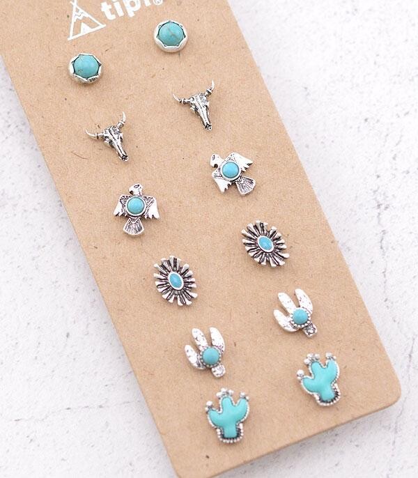 Turquoise Cactus Dainty Stud Earrings Set