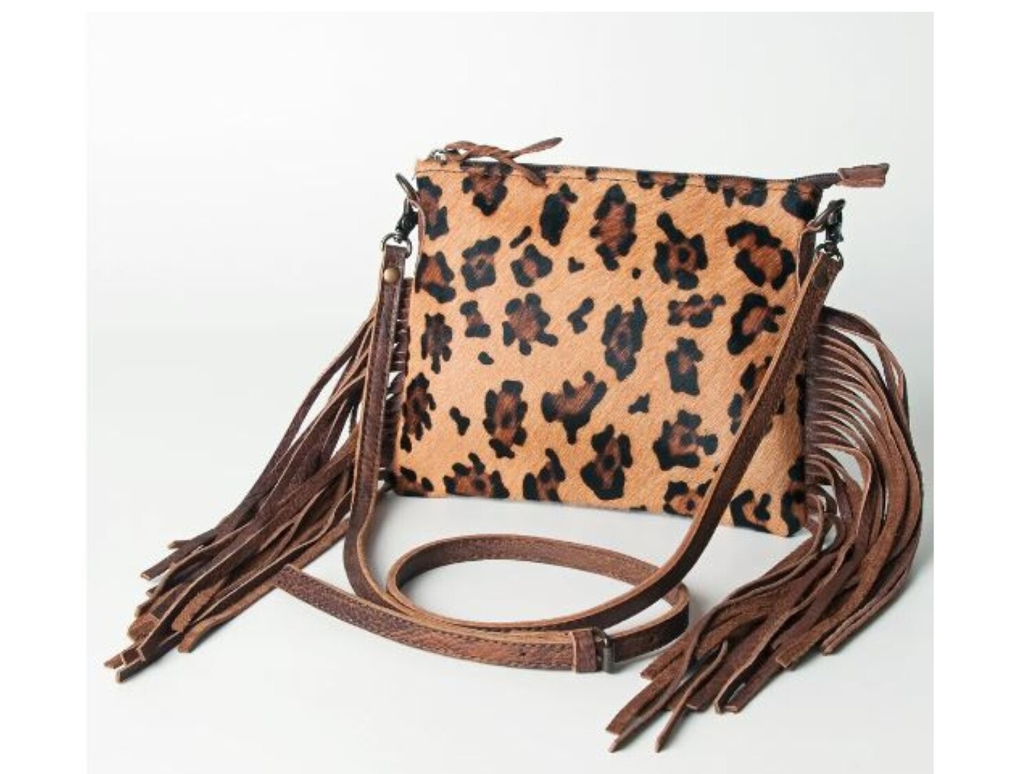 Leopard Print Hide Crossbody American Darling Bag with Fringe