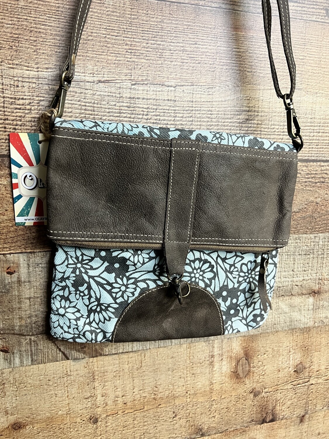 Floral Gray White Leather & Upcycled Canvas Crossbody
