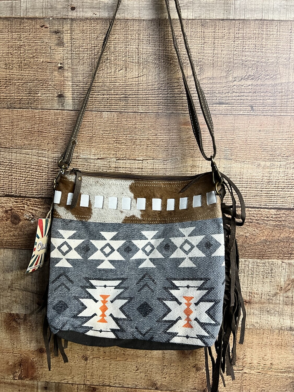 Gray Aztec Leather Upcycled Canvas Crossbody Bag 
