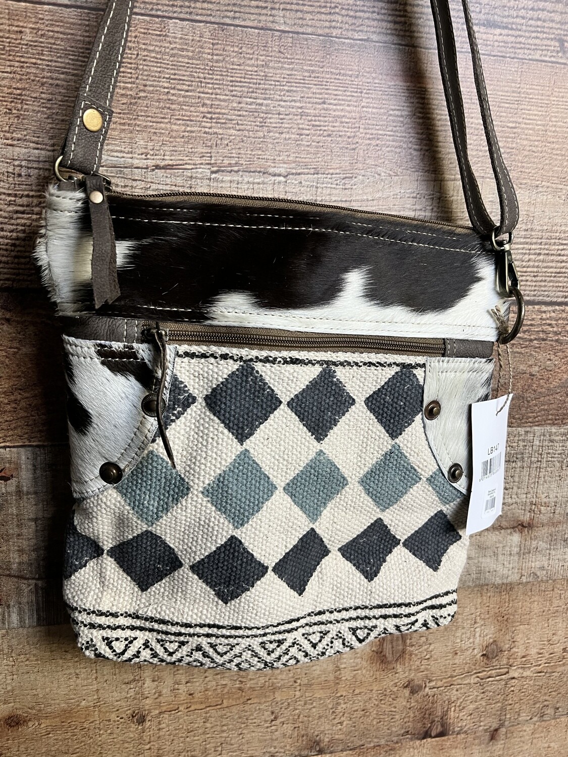 Blue Diamond Upcycled Crossbody with Leather and Cowhide