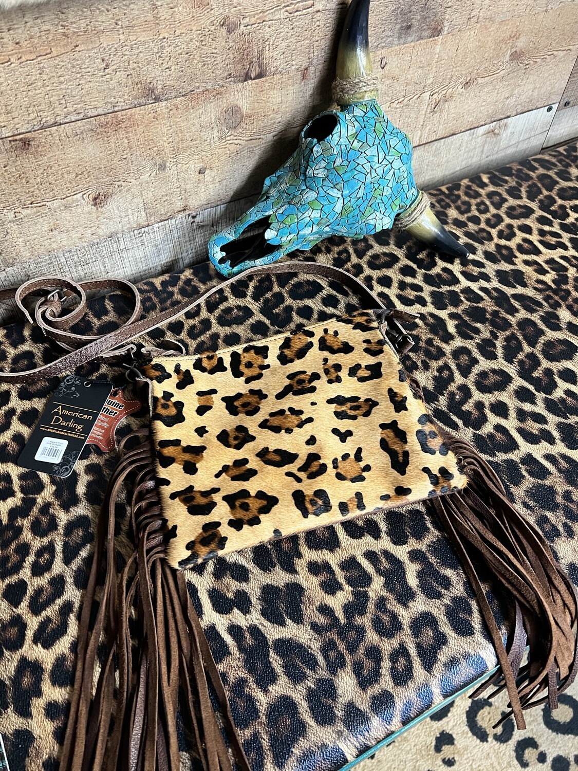 Leopard Print Hide Crossbody American Darling Bag with Fringe