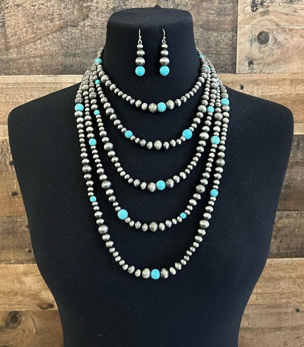 Silver Navajo Pearl Bead Layered Necklace Set