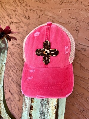Coral Criss Cross Ponytail Hat with Leopard Hide Zia Patch 