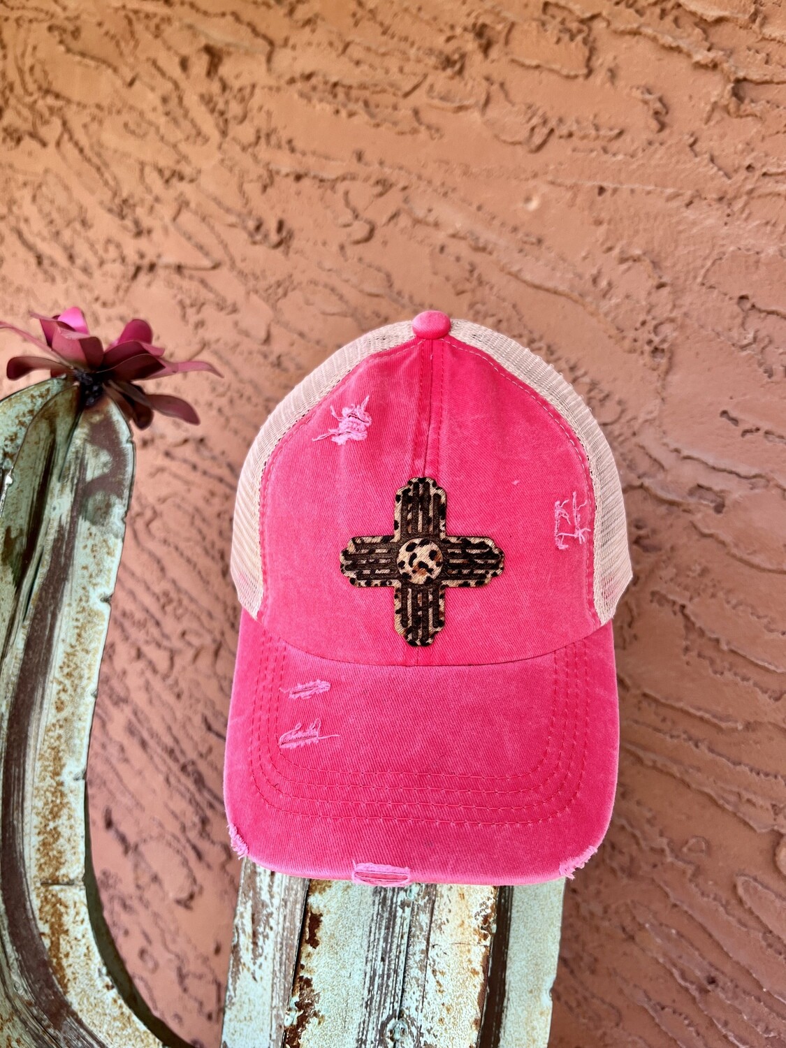 Coral Criss Cross Ponytail Hat with Cheetah Hide Zia Patch 