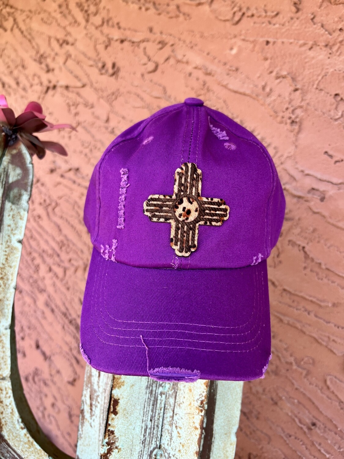 Purple Slit Ponytail Hat with Cheetah Hide Zia Patch 