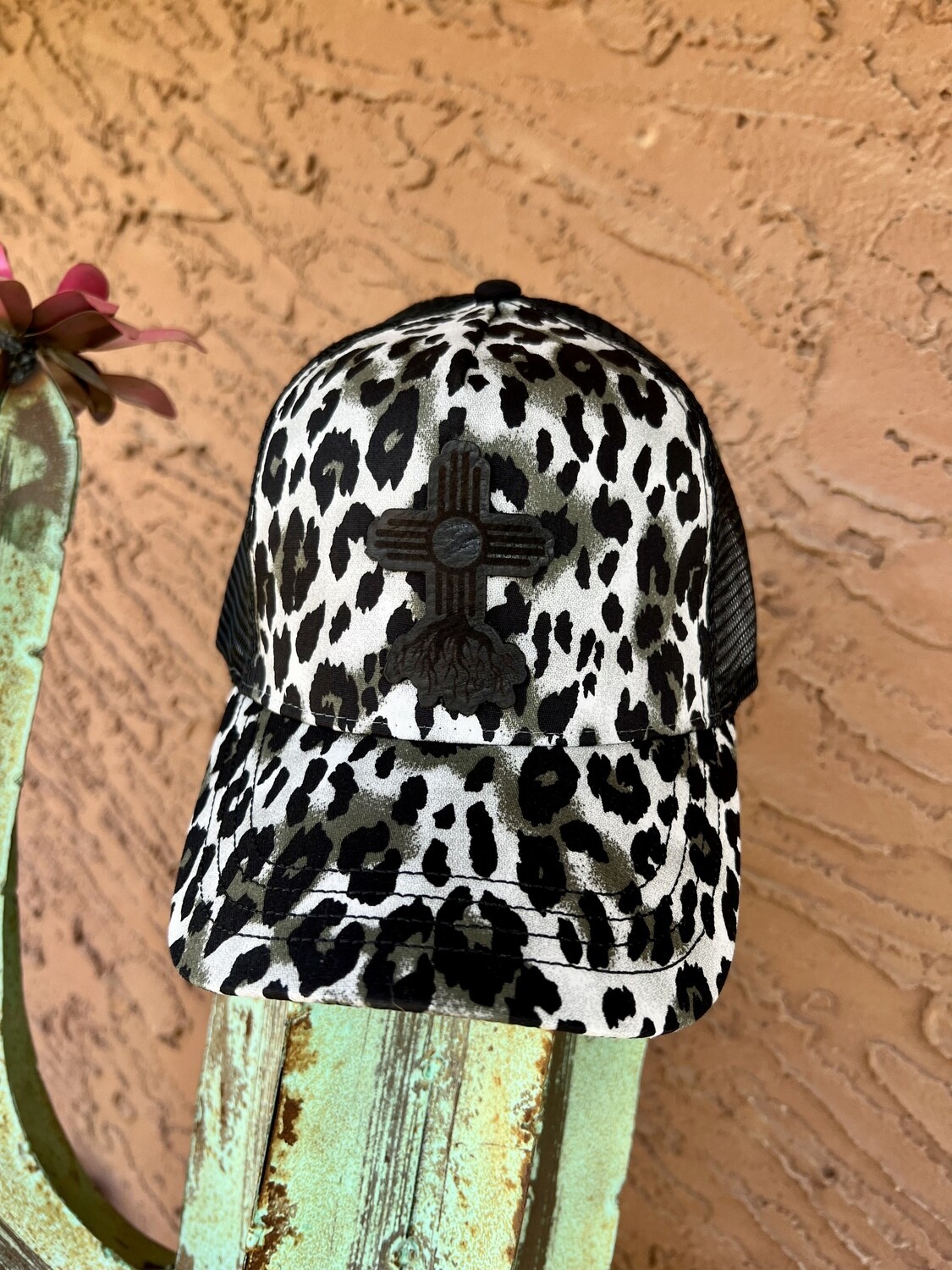 Snow Leopard Hat with Black Leather Zia Roots Patch  