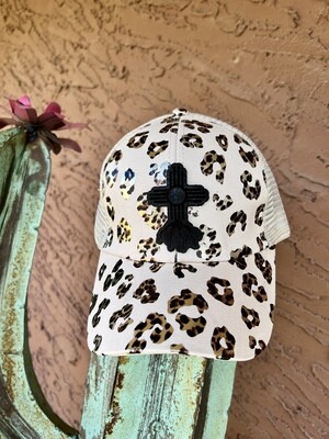 Leopard Foil Cream Ponytail Hat with Black Leather Zia Roots Patch  