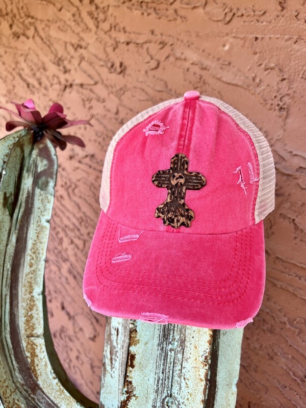 Coral Zia Roots Cheetah Patch Ponytail Hat