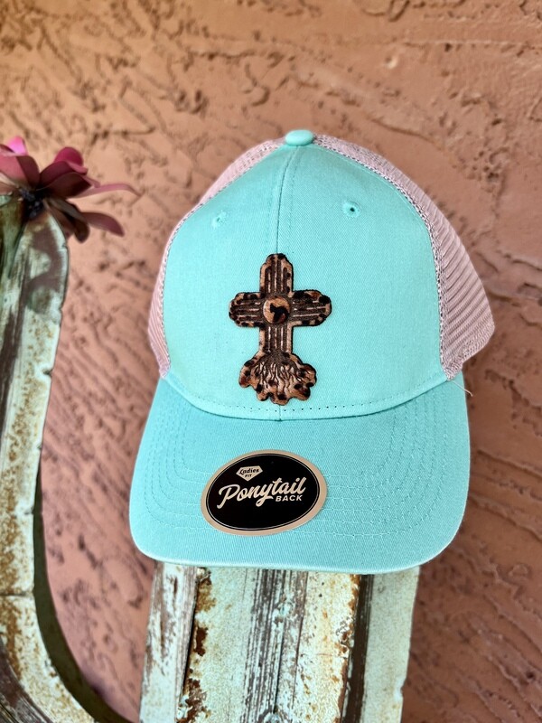 Mint Zia Roots Cheetah Patch Ponytail Hat
