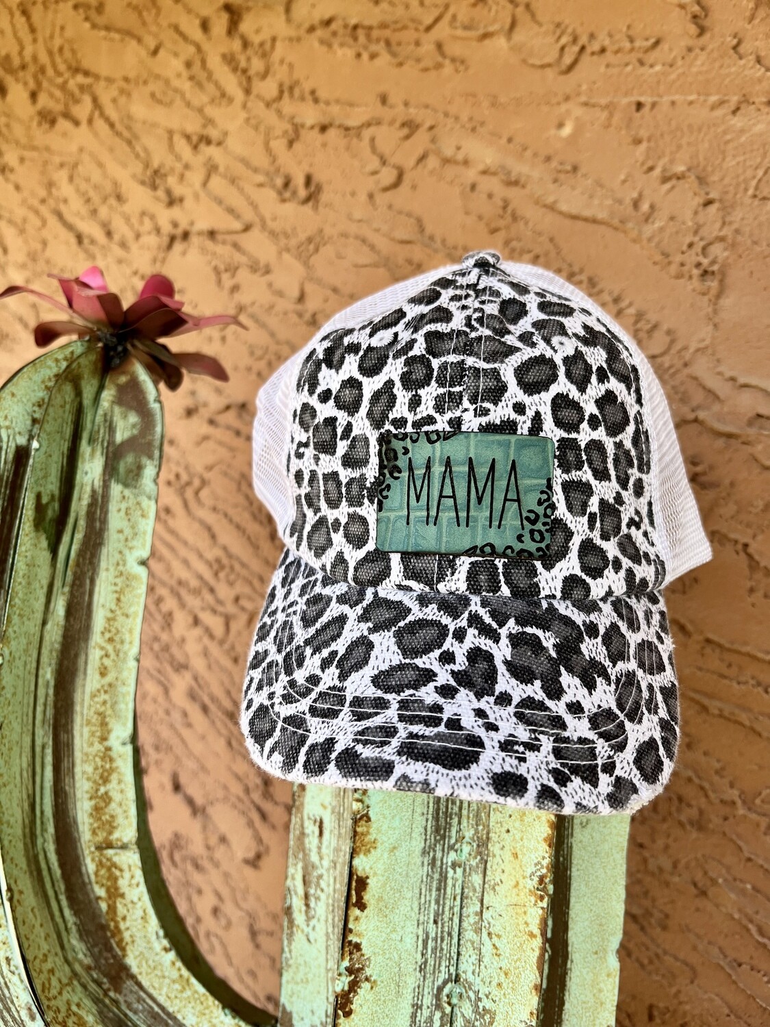 MaMa Teal Patch Snow Cheetah Ponytail Hat