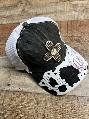 White Black Zia Cowhide Patch on Cow Print Ponytail Hat 