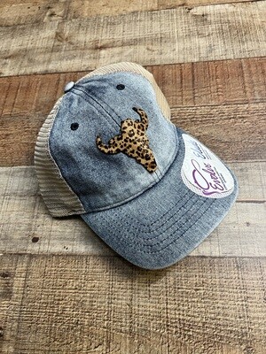 Cheetah Hide Skull on Denim Ponytail Hat