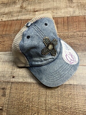 Painted Leather Zia on Denim Ponytail Hat