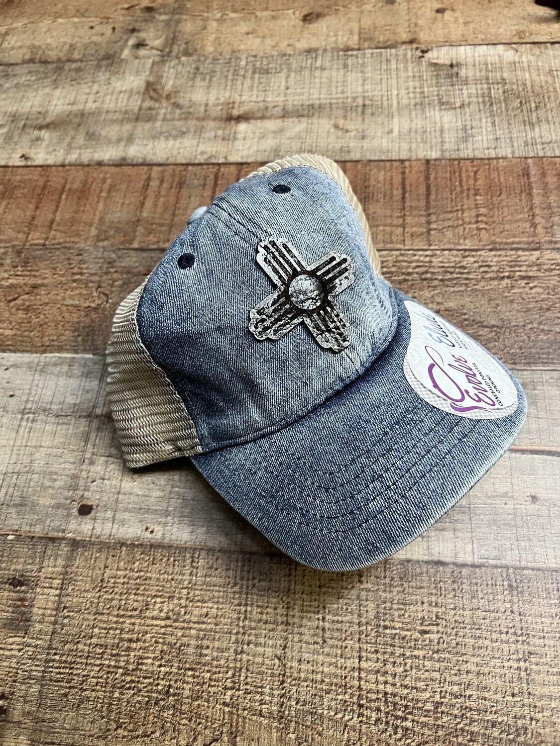 Black Silver Leather Zia on Denim Ponytail Hat