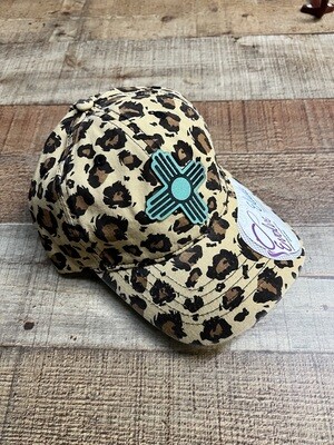 Teal Zia on Leopard Ponytail Hat