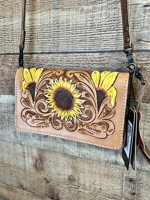 Sunflower Tooled Leather Wallet Crossbody