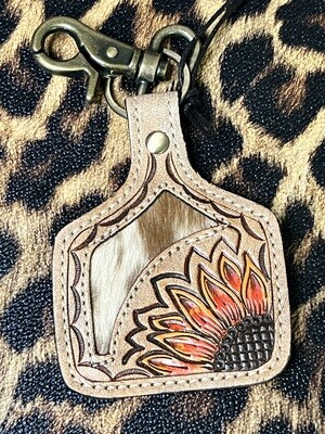 Sunflower Cowhide Tooled Leather Key Chain