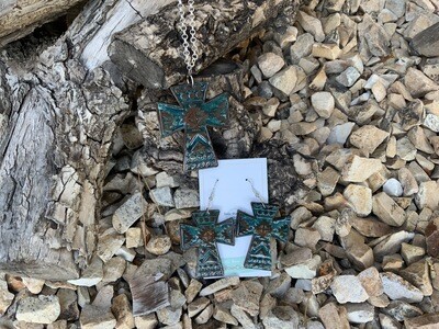Aztec Cross Necklace & Earrings Dark Turquoise 