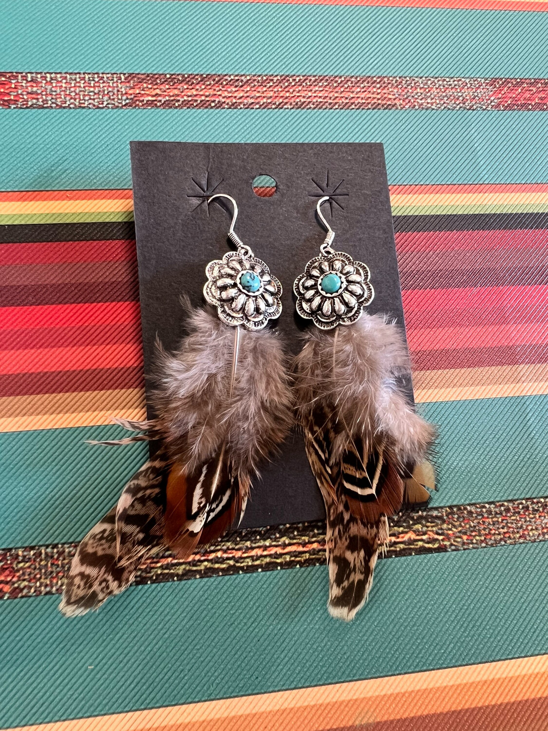 Floral Turquoise Brown Feather Earrings
