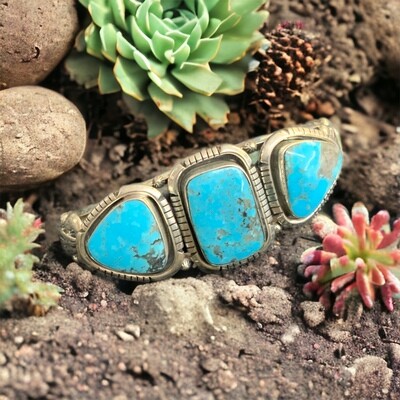 Navajo Turquoise Triple Stone Sterling Silver Cuff Bracelet 