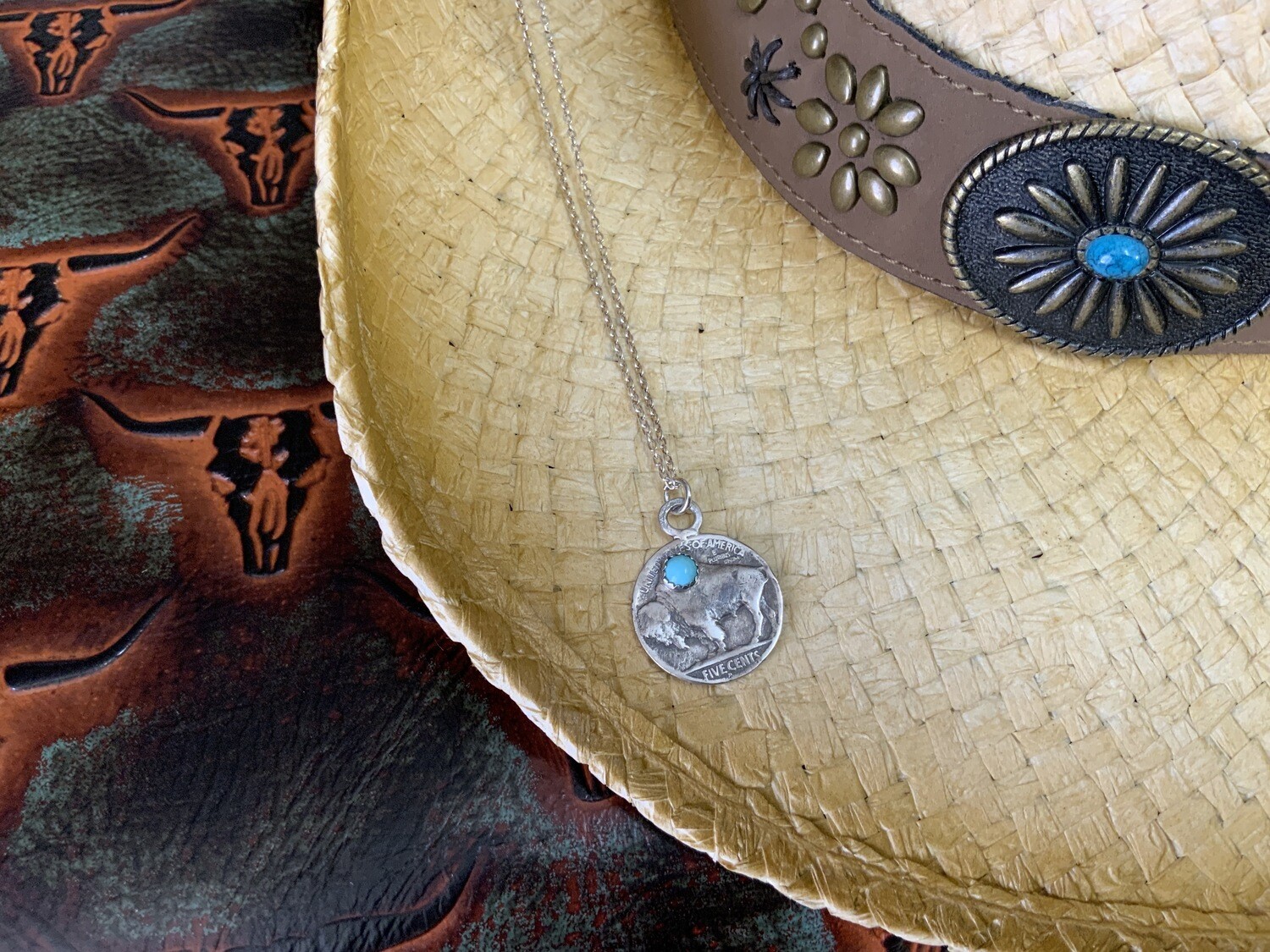 Sterling Silver Buffalo Nickel Necklace with Turquoise