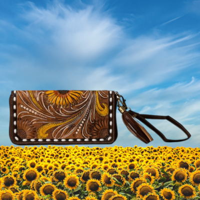Sunflowers Hand Tooled Clutch Wallet