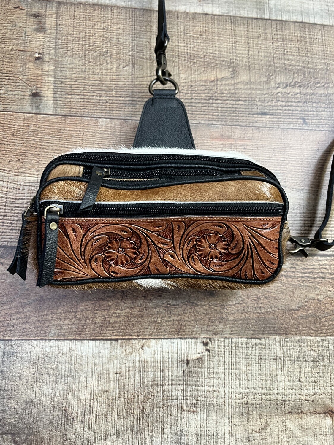 Brown Cowhide Sling With Tooled Leather