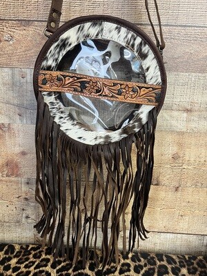 Clear Round Hide Bag With Tooled Leather & Fringe