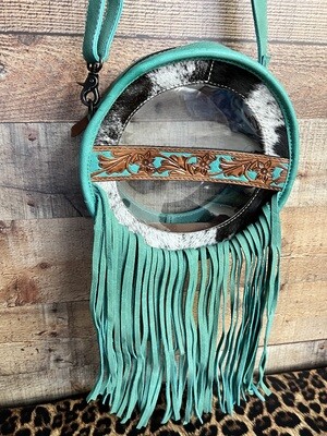 Teal Clear Round Hide Bag With Tooled Leather & Fringe