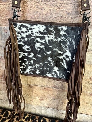Black White Cowhide Crossbody With Brown Fringe 