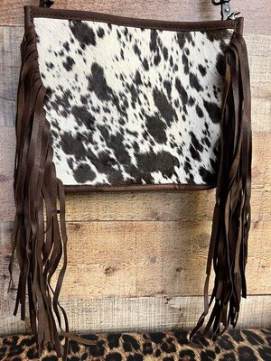 White Black Cowhide Crossbody With Brown Fringe 