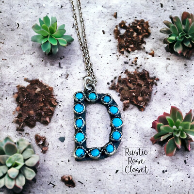 D Turquoise Stone Initial Necklace