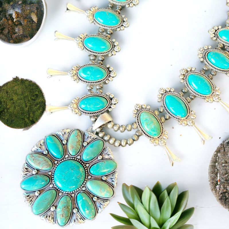 Fashion Round Squash Blossom Turquoise Necklace
