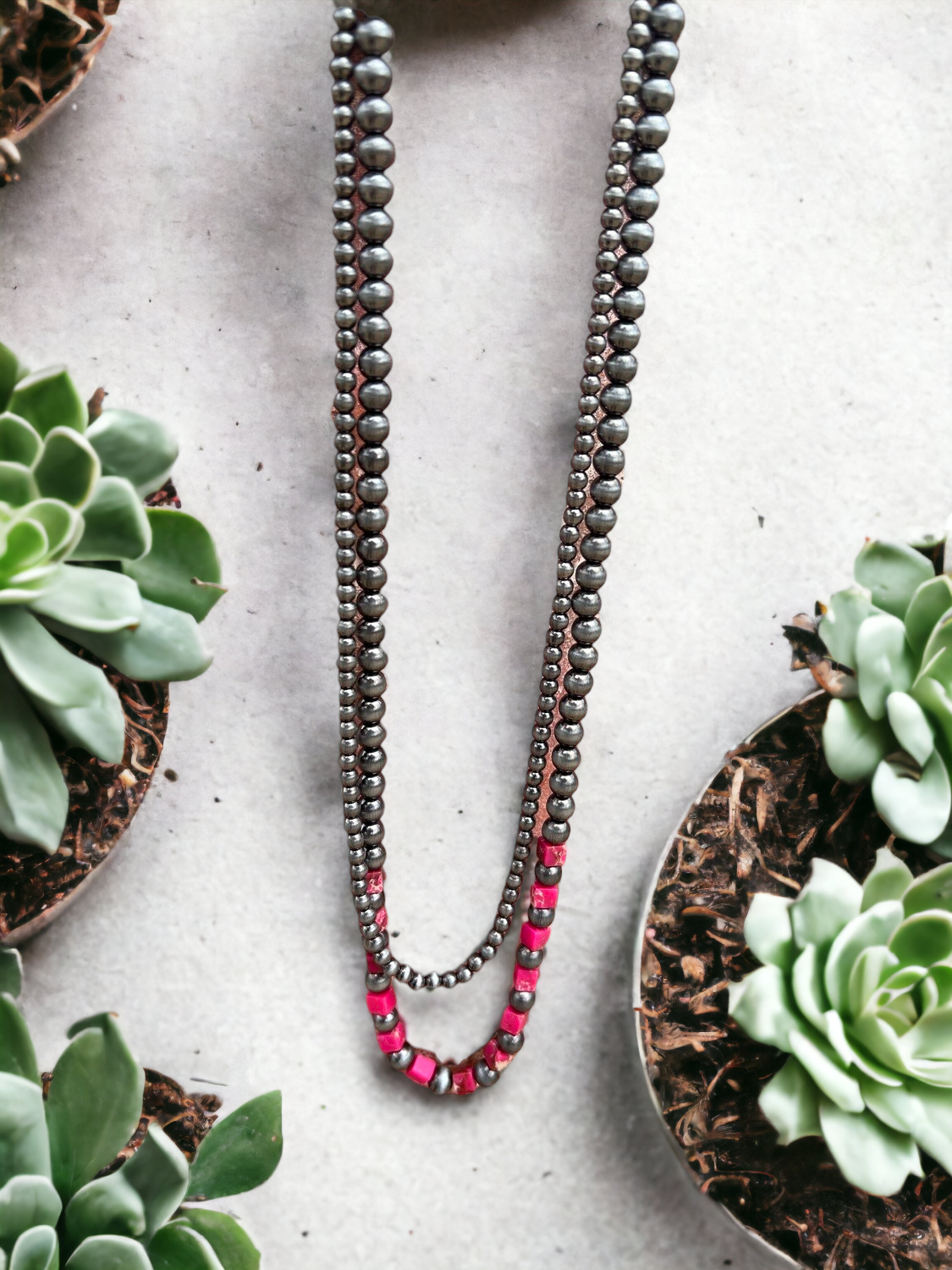 Navajo Pearl Pink Bead Layered Necklace