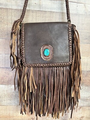 Leather Fringe Shoulder Bag with Turquoise