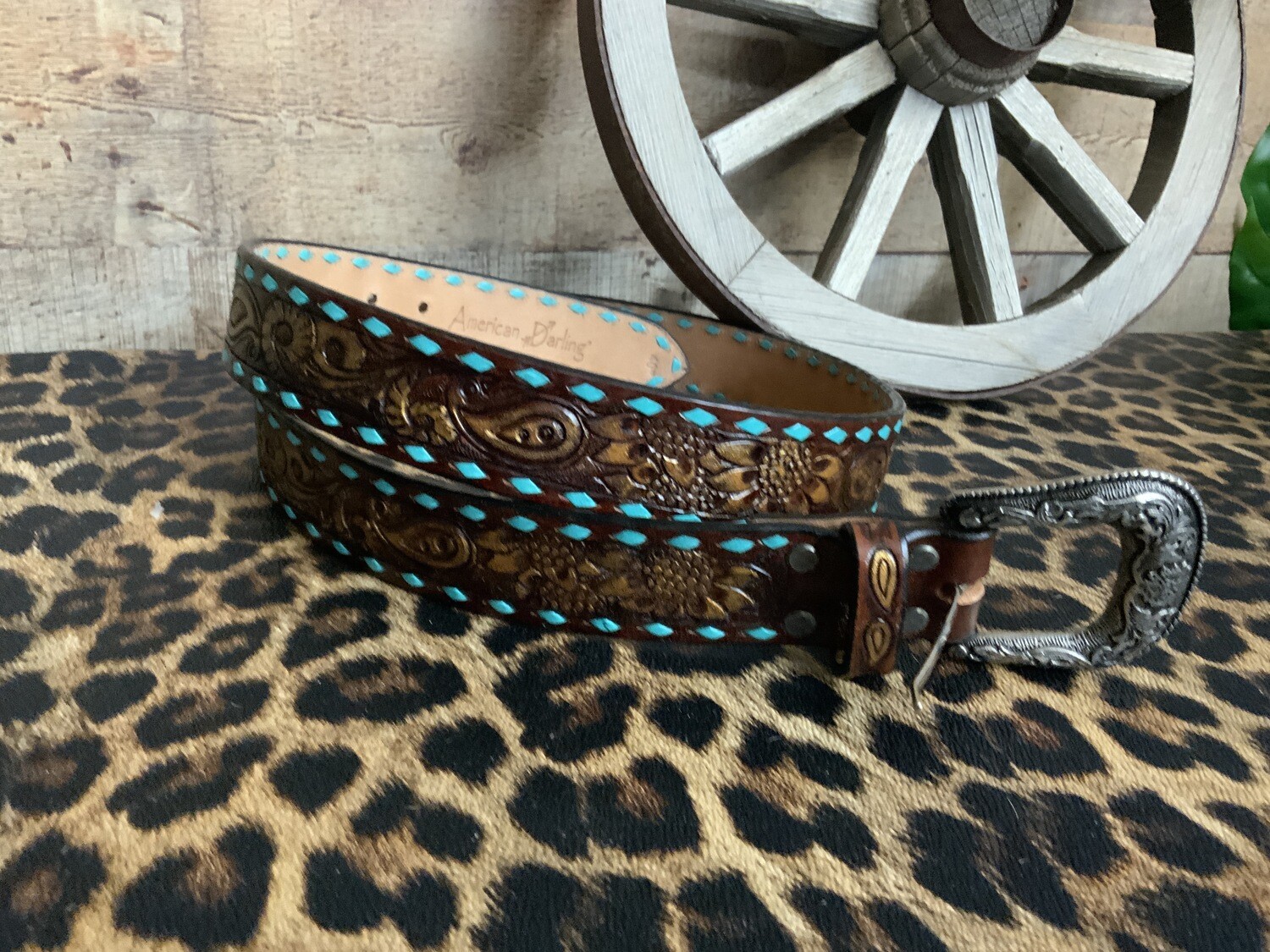 Tooled Leather Belts with Turquoise Stitching