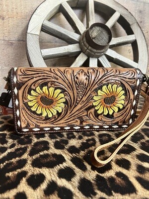 Sunflower Tooled Leather Wallet Crossbody