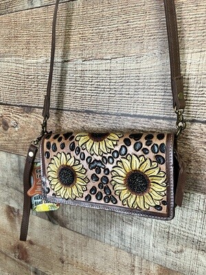 Sunflower Leopard Tooled Leather Wallet Crossbody