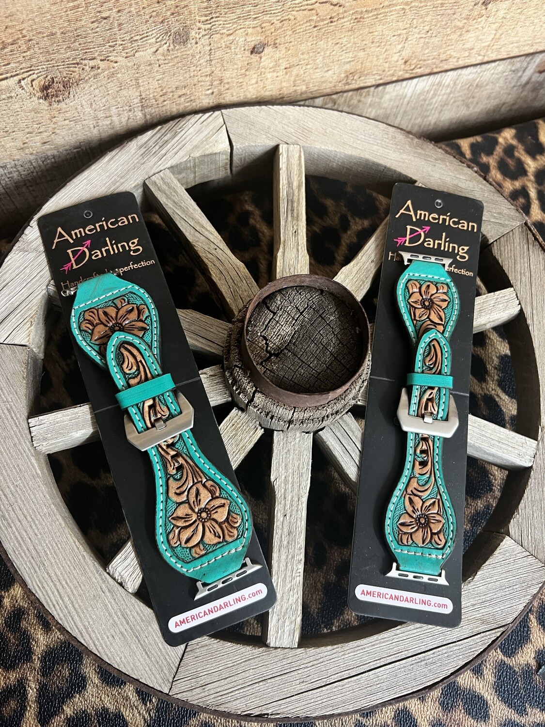 Teal Tooled Leather Watchband