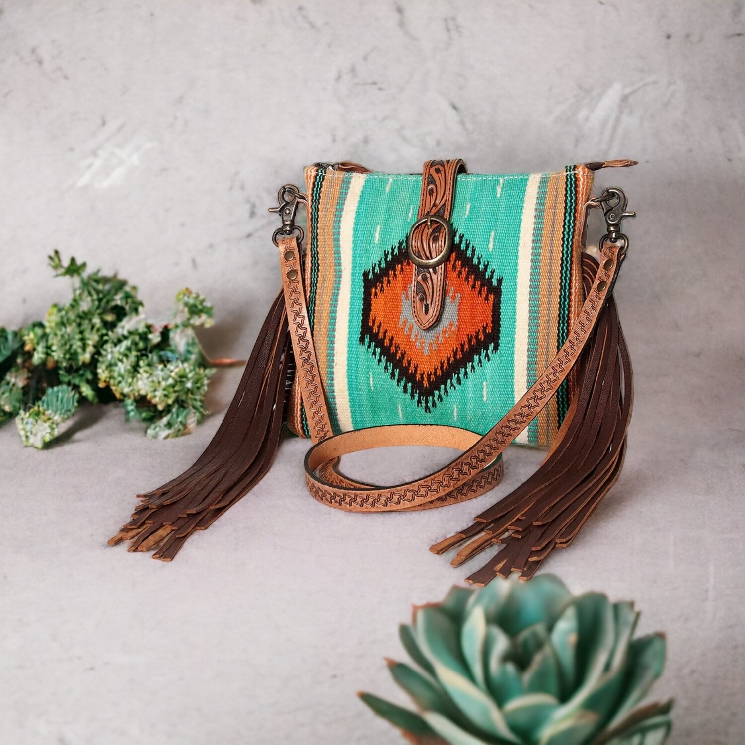 Teal Aztec Medium Crossbody with Fringe