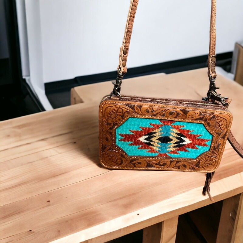 Turquoise Aztec Tooled Organizer Crossbody Wallet