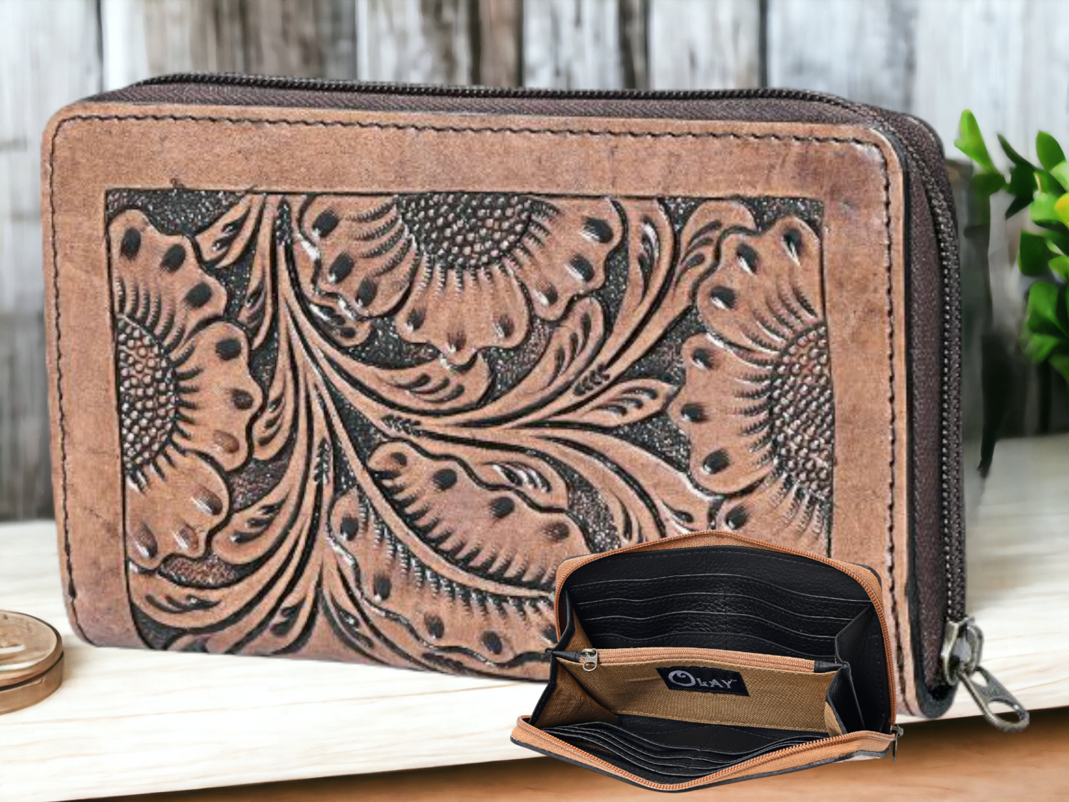 Ohlay Tooled Leather Zipper Small Wallet