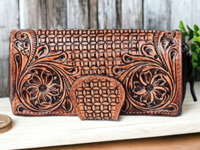 Tooled Leather Snap Flap Wallet 