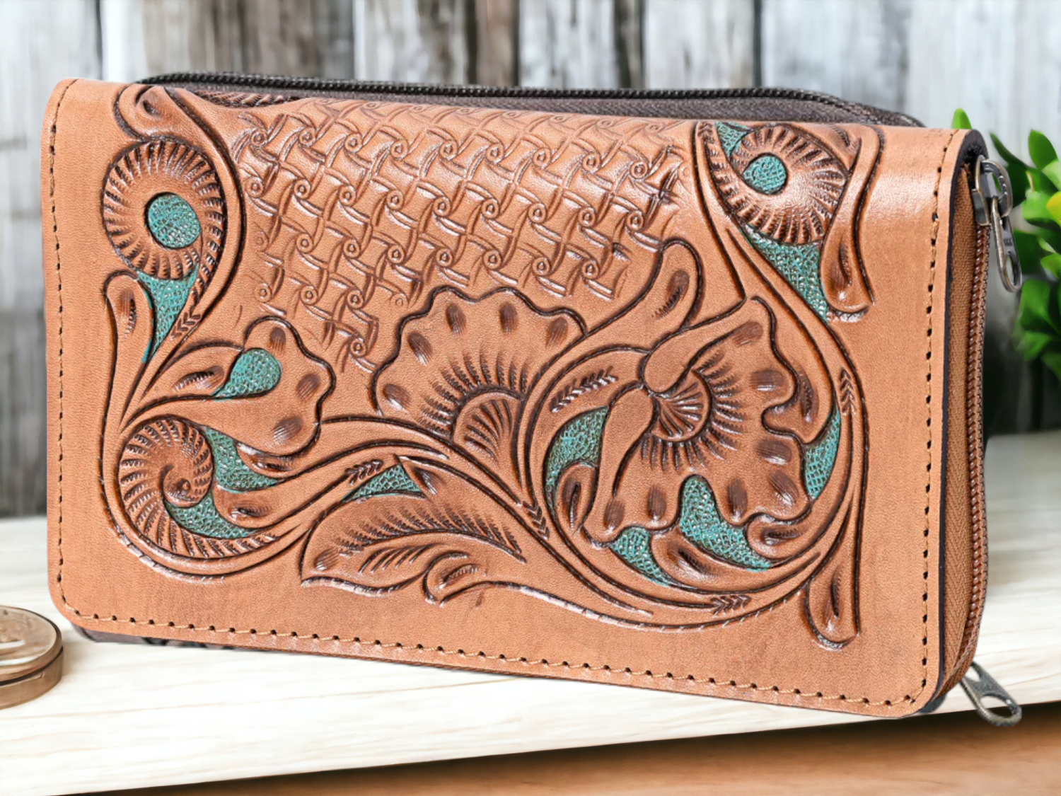 Tooled Teal Leather Wallet