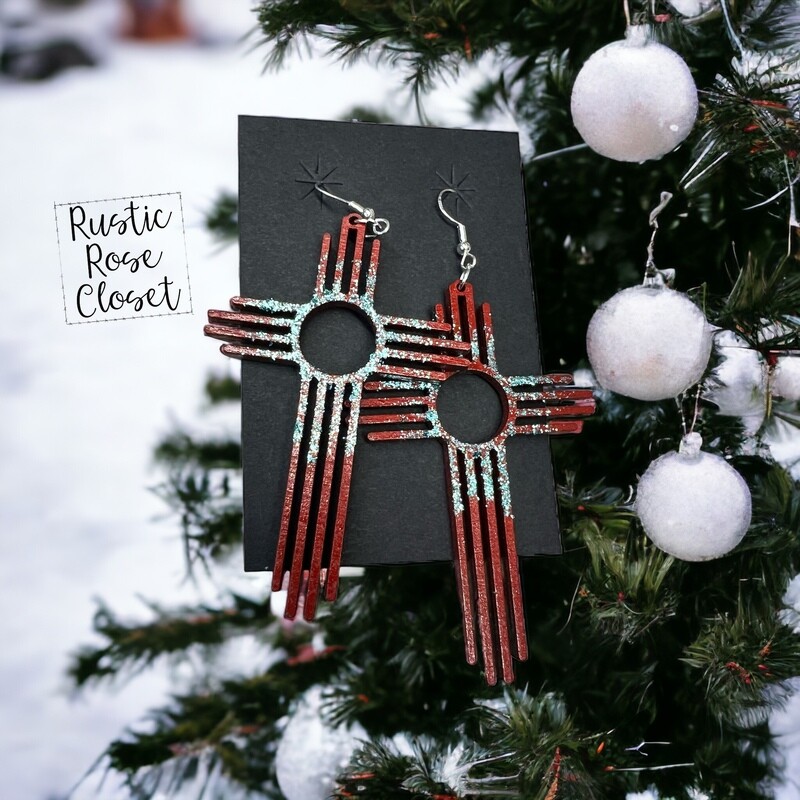 Red 3” Zia Earrings with Turquoise Glitter 