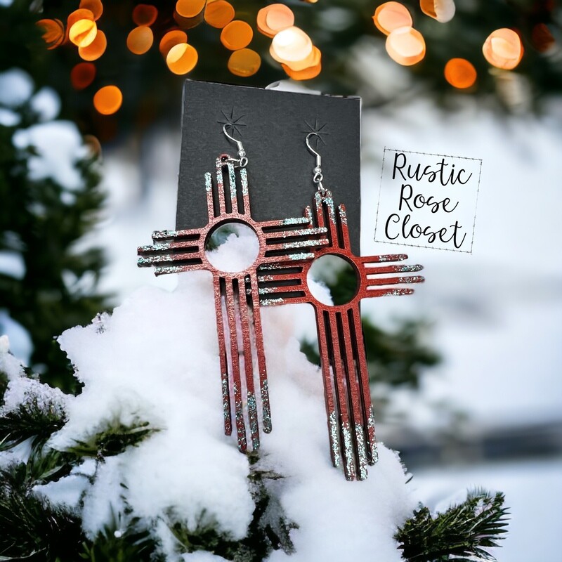 Red 3.5” Zia Earrings with Turquoise Glitter Tips